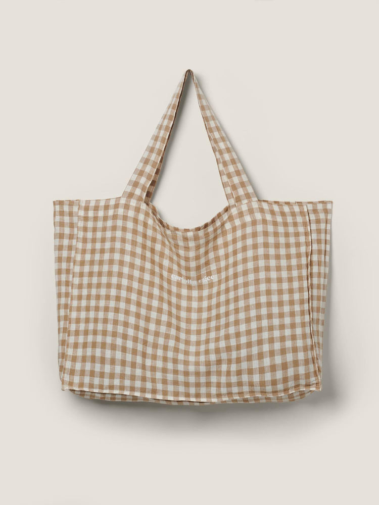 100% LINEN TOTE BAG - NATURAL GRID