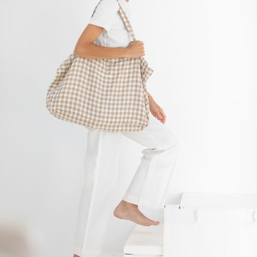 100% LINEN TOTE BAG - NATURAL GRID