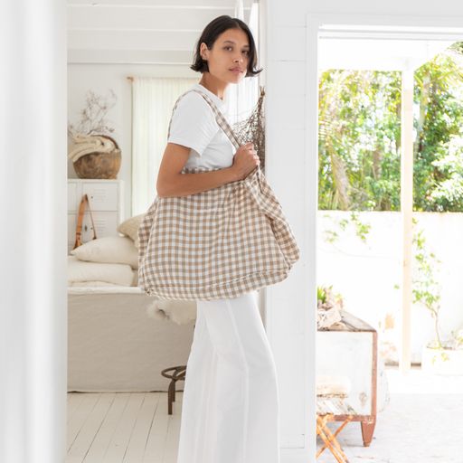 100% LINEN TOTE BAG - NATURAL GRID